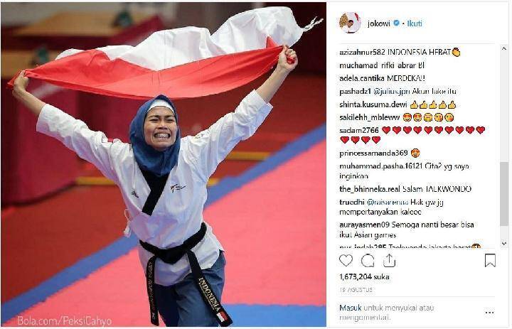 Postingan Jokowi di Instagram saat kemenangan atlet taekwondo putri Defia Rosmaniar. Instagram