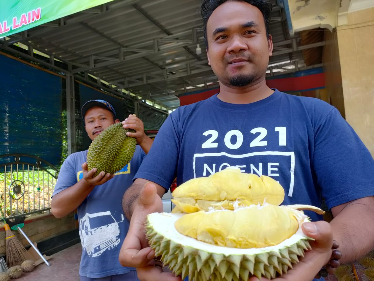 Kades Gempolan, Suhardi Jayus menunjukkan salah satu durian unggulan dari Gempolan. Foto/Wardoyo