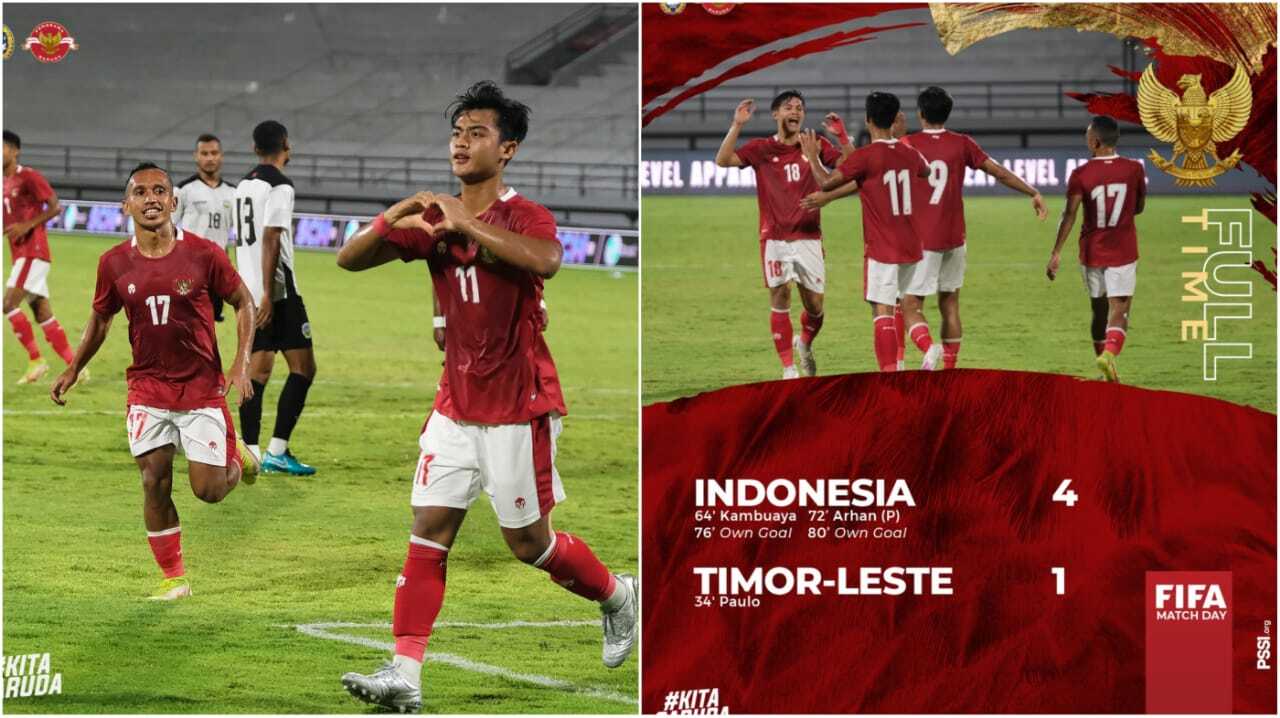 Timnas Indonesia berhasil menang menghadapi Timor-Leste dengan skor 4-1 dalam laga FIFA Match Day pada Kamis malam (27/01) di Stadion Kapten I Wayan Dipta, Bali. Sumber : twitter PSSI