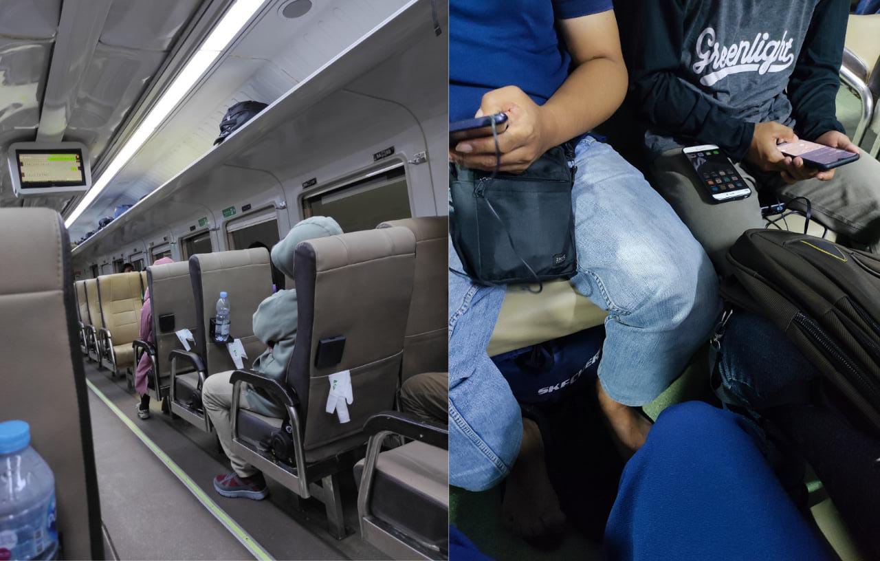 (kiri) Suasana dalam kereta api kelas ekonomi, foto : @Widino (kanan) Sempitnya tempat duduk berhadapan kereta kelas ekonomi, Foto : aldora_enigma