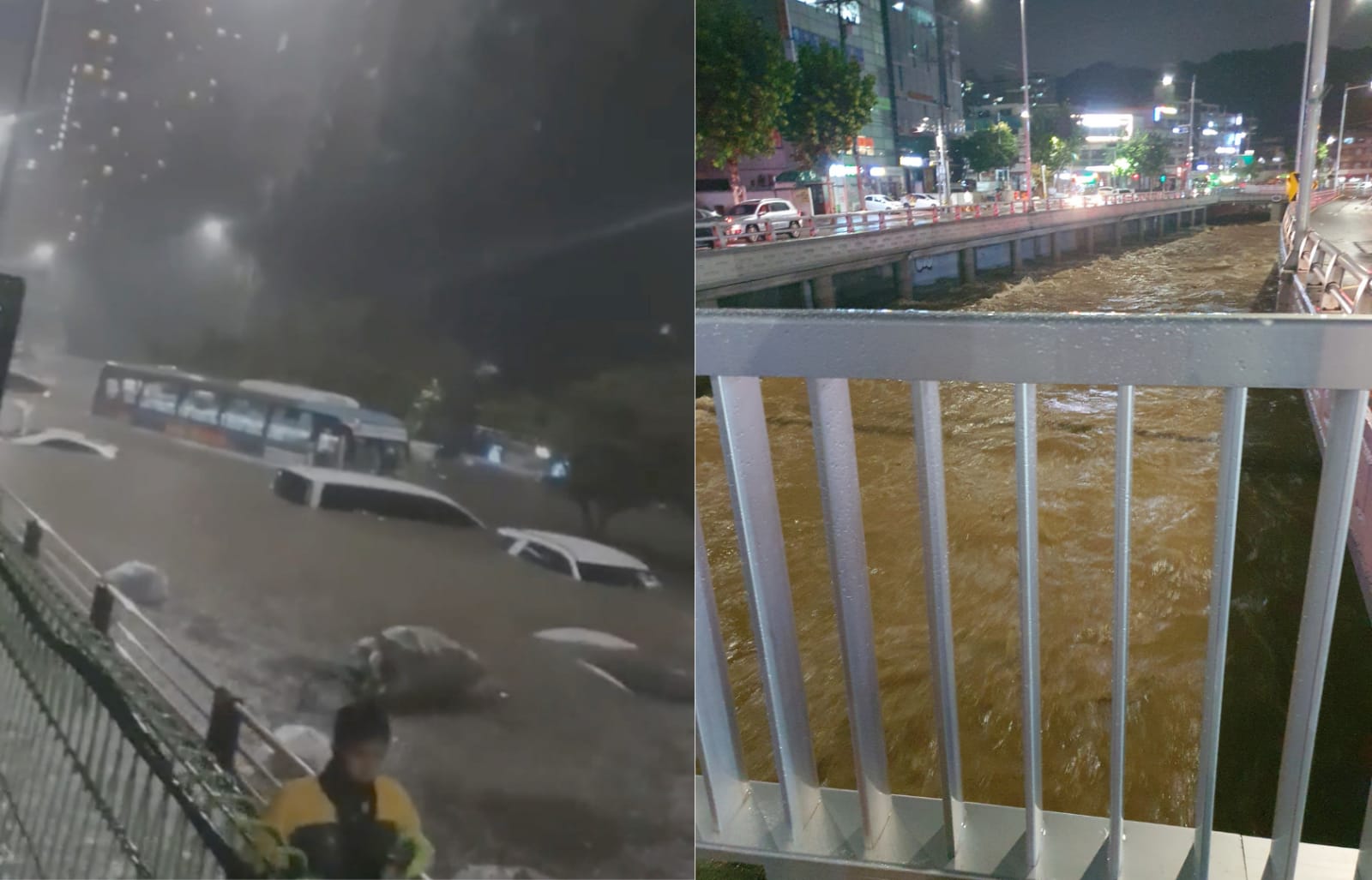 (kiri) Tangkapan layar video mobil-mobil terendam banjir di jalanan Sooul, Video : @zero_freza4 (kanan) Foto sungai Dorimcheon mulai surut tengah malam (9/8/2022), Foto : Sweetboy_