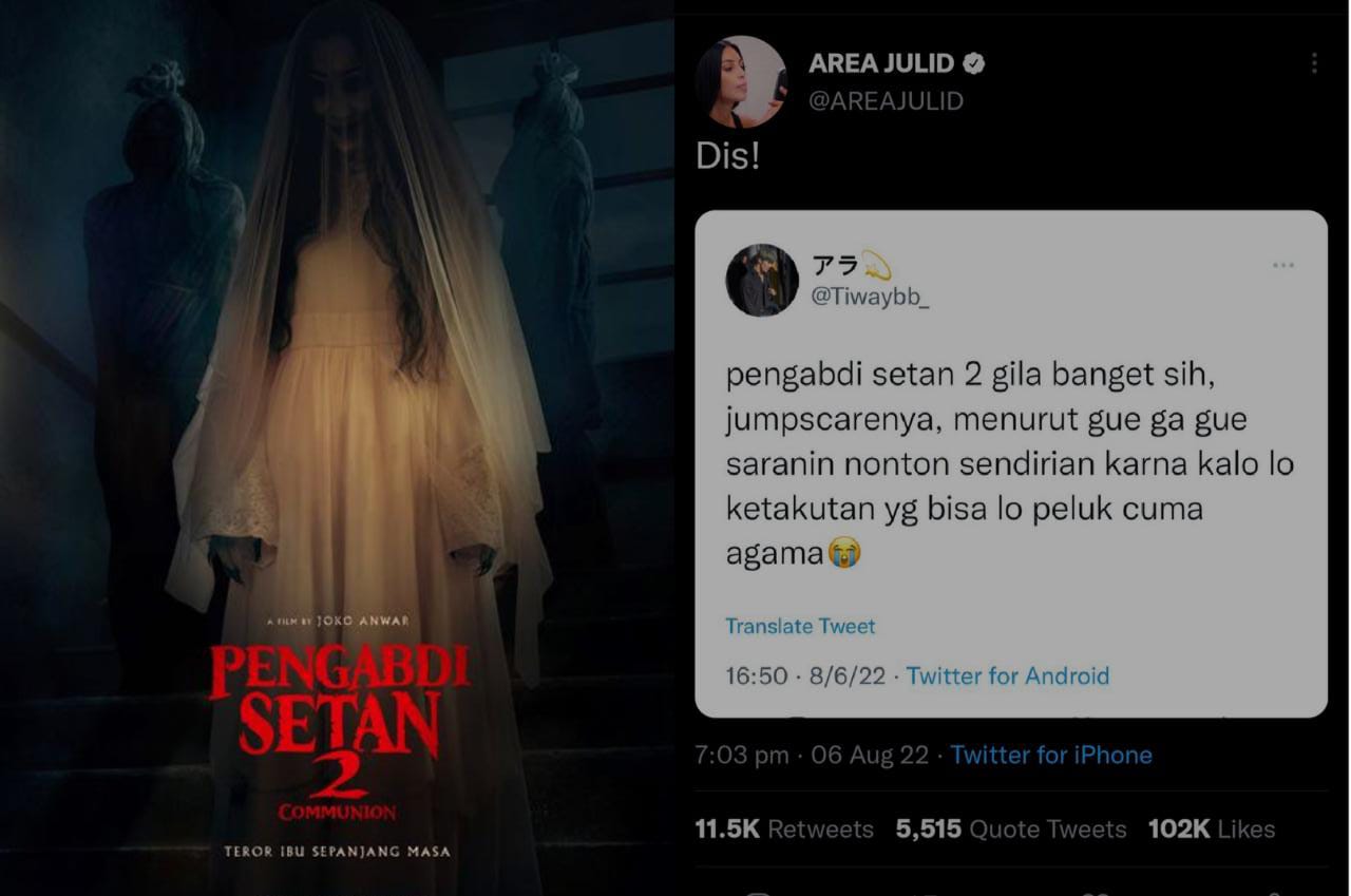 (kiri) poster film Pengabdi Setan 2 Menampilkan Ilustrasi Setan dalam Film | (kanan) Tangkapan Layar Cuitan @AREAJULID tentang Pengabdi Setan 2