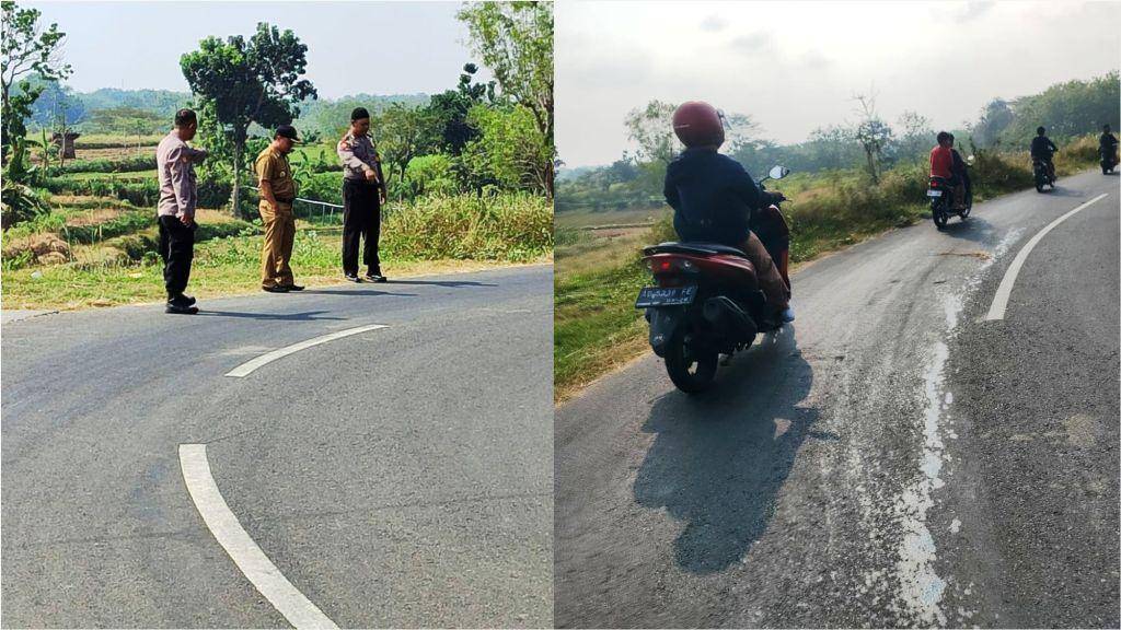 Kepolisian polsek Kalijambe, Sragen bersama Kepala Desa Bukuran Heri Yanto mendatangi lokasi tumpahan Solar Foto Kiri: Kepolisian polsek Kalijambe, Sragen bersama Kepala Desa Bukuran Heriyanto mendatangi lokasi tumpahan Solar bikin pemotor terjatuh karena licin, Senin (19/6/2023). Foto Kanan: Tumpahan Solar tercecer di sepanjang jalan raya Sangiran-Plupuh Wilayah Desa Bukuran, Kalijambe, Sragen Sebelumnya. | Huriyanto | Joglosemarnews.com