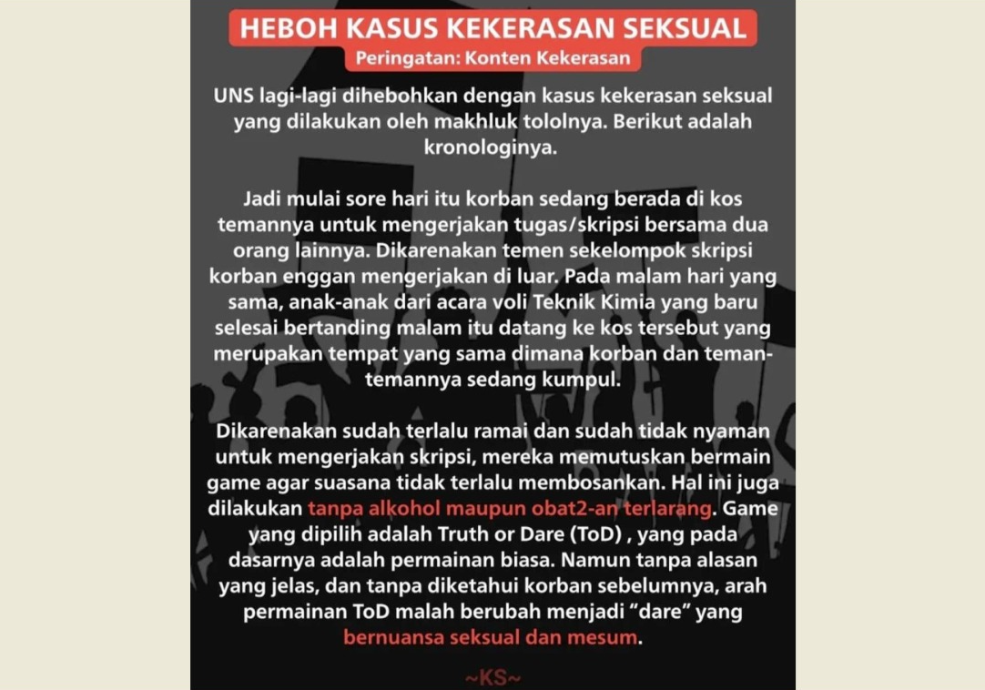Viral Dugaan Kekerasan Seksual Mahasiswa UNS Modus Game ‘Truth or Dare’ , Satgas PPKS Turun Tangan