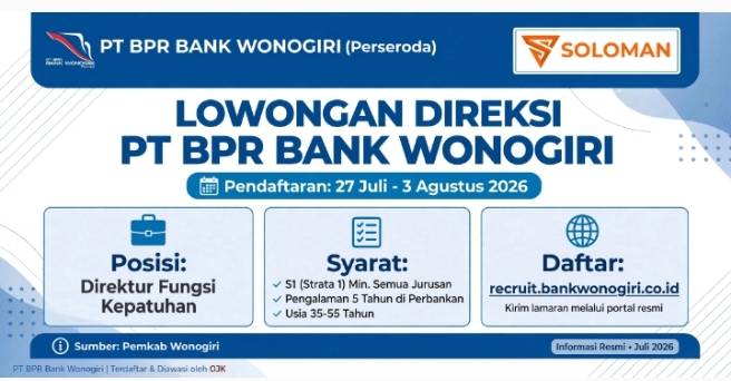 Gaji Fantastis Karir Mentereng! PT BPR Bank Wonogiri Buka Lowongan Direksi, Ini Syarat & Link Daftarnya