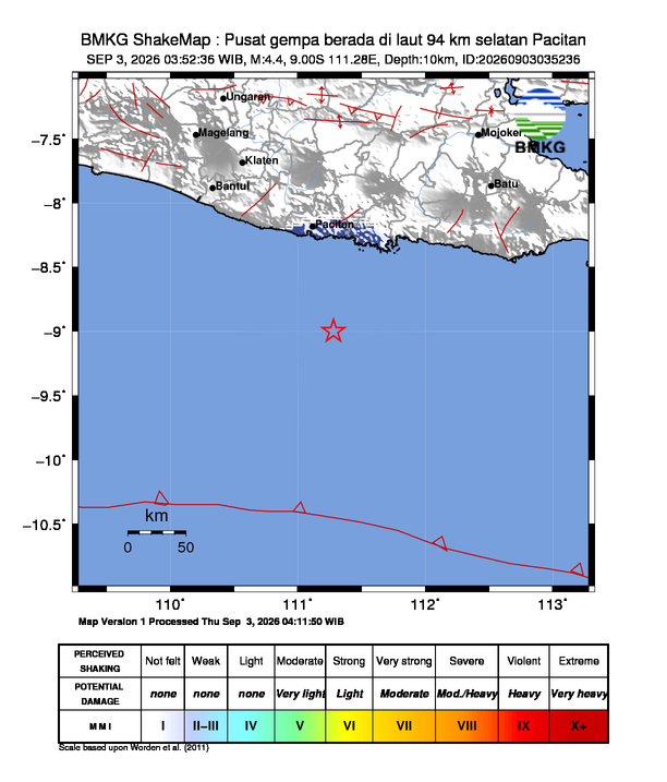 2 Gempa Guncang Jatim Dinihari, M4,4 Berpusat di Laut Selatan Pacitan Terasa hingga Malang