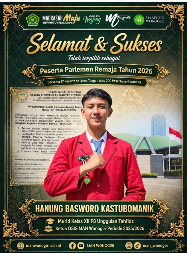 Cuma 27 Pelajar Jateng yang Terpilih, Satu Namanya dari MAN Wonogiri: Hanung Tembus Parlemen Remaja 2026